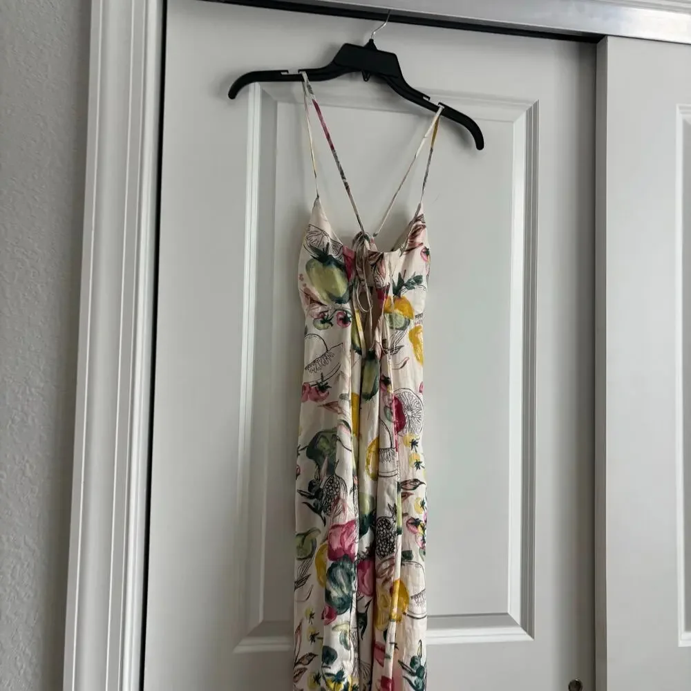 NWT Abercrombie & Fitch Premium Linen Cutout Midi Dress Vegetable Print Medium